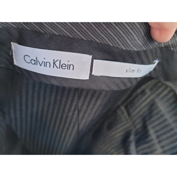 Calvin Klein Black Stripe Slim Fit Hipped Seam Pockets, Men's Wool Dress‎ Pants - Picture 5 of 7